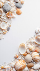 Obraz premium white sand and seashells on white background summer beach vacation concept