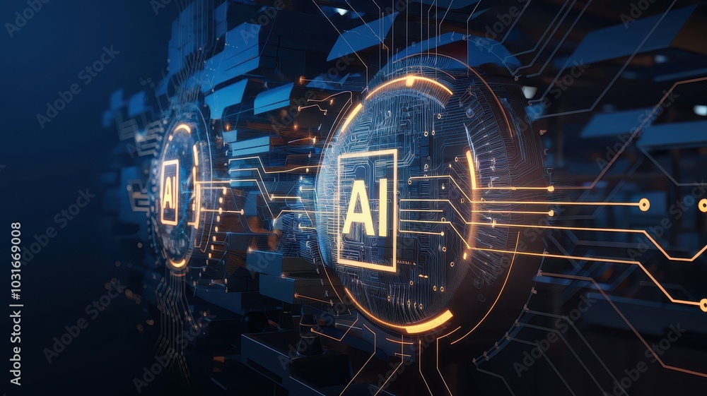 Poster futuristic digital landscape with intelligence and technology innovations glowing circuit board data