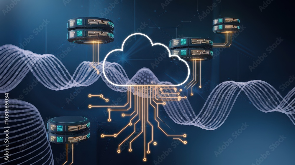Poster glowing digital cloud computing and connectivity technology abstract background futuristic design wi