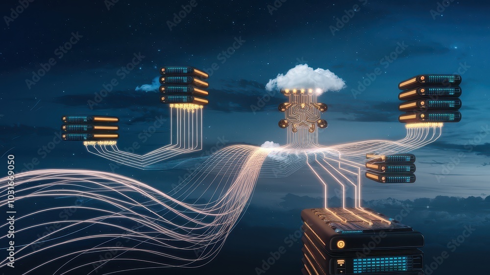 Poster futuristic digital energy grids composed of glowing interconnected nodes transmitting power and data