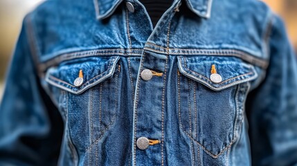  A tight shot of someone in a denim jacket, adorned with buttons running down its front, and an individual button at its back