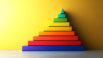 Colorful pyramid made of blocks against a vibrant yellow background, ideal for creative projects.