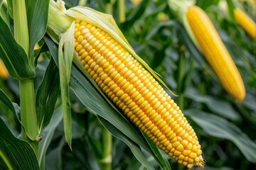 Corn cobs on the stalk in a vast corn plantation field, bright green leaves and golden corn kernels visible under the sun, showing the richness of the harvest