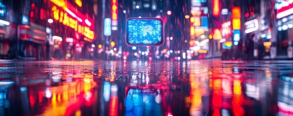 Naklejka premium A futuristic mobile phone screen hovering above a neon-lit street, feedback glowing brightly against the backdrop of rain, reflections, and deep shadows