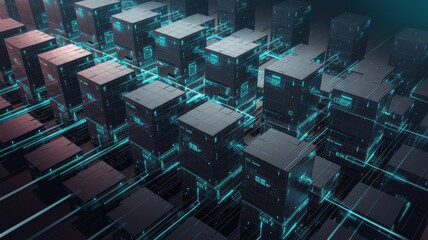 Obraz premium Futuristic cityscape with glowing cubes geometric patterns and neon lights in a cyberpunk inspired digital environment This abstract