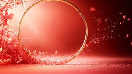 Golden ring with scattered sparkles and cherry blossoms on a vibrant red background.
