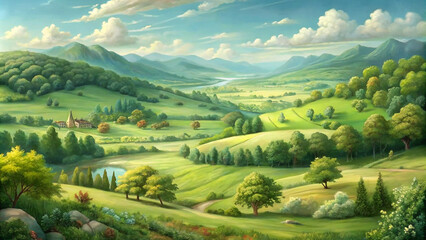 Obraz premium landscape in the mountains. landscape, sky, mountain, nature, grass, green, summer, field, tree, forest, mountains, valley, meadow, rural, hill, view, clouds, countryside, cloud, panorama, spring, tra