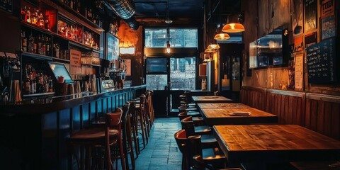 A bar with all the chairs up on the tables, the dim overhead lights and empty space conveying the end of another night.
