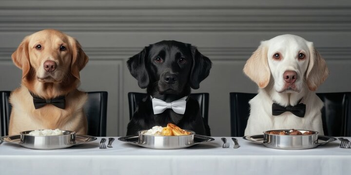 Elegant dogs dining in bow ties at a formal dinner table
