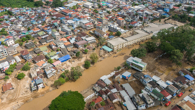 Aerial view of the local village in Tachileik the border town between Thailand and Myanmar having damaged after typhoon Yagi has swept Southeast Asia.