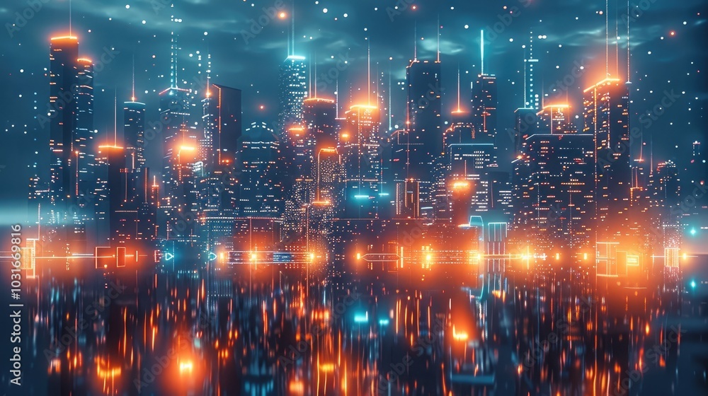 Aufkleber futuristic cityscape with glowing holographic data connections and digital technology elements on a 