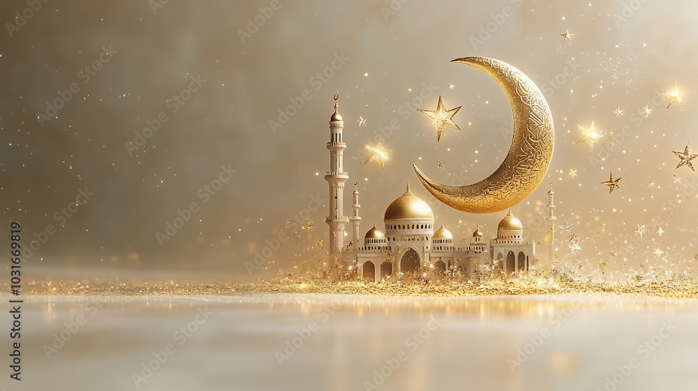 Poster minimalistic ramadan kareem card featuring golden crescent moon mosque surrounded by intricate starr