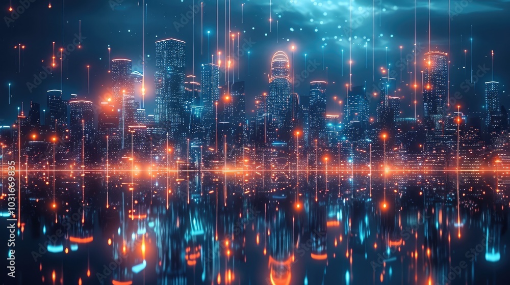 Aufkleber Futuristic cityscape with glowing holographic data connections and digital technology elements on a dark background. Night view of a modern metropolis.