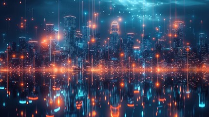 Futuristic cityscape with glowing holographic data connections and digital technology elements on a dark background. Night view of a modern metropolis.