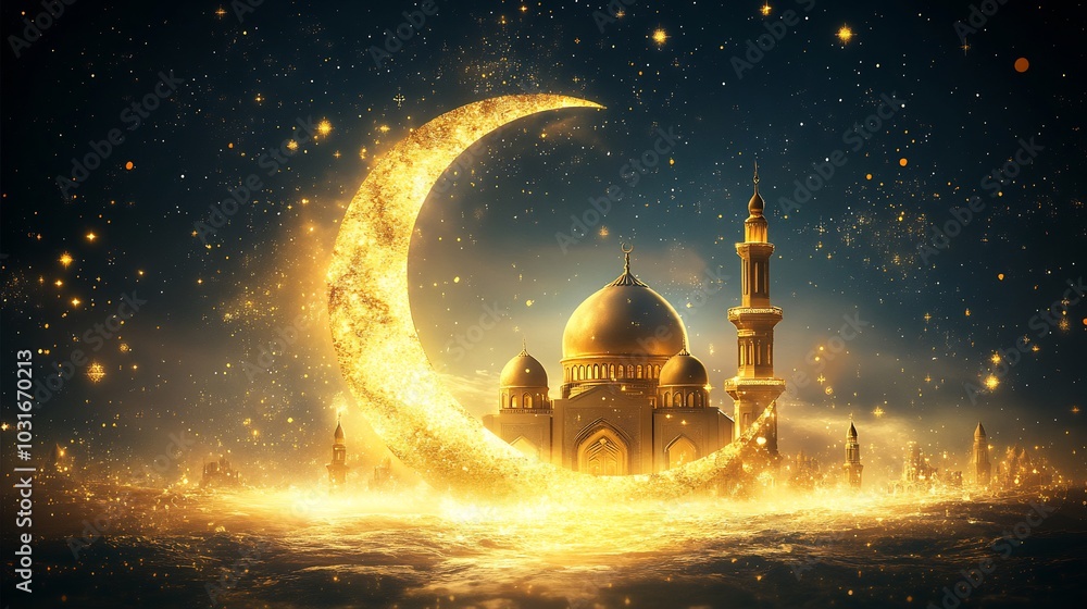 Poster minimalistic ramadan kareem card featuring golden crescent moon mosque surrounded by intricate starr
