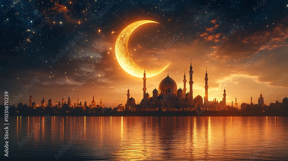 Poster minimalistic ramadan kareem card featuring golden crescent moon mosque surrounded by intricate starr