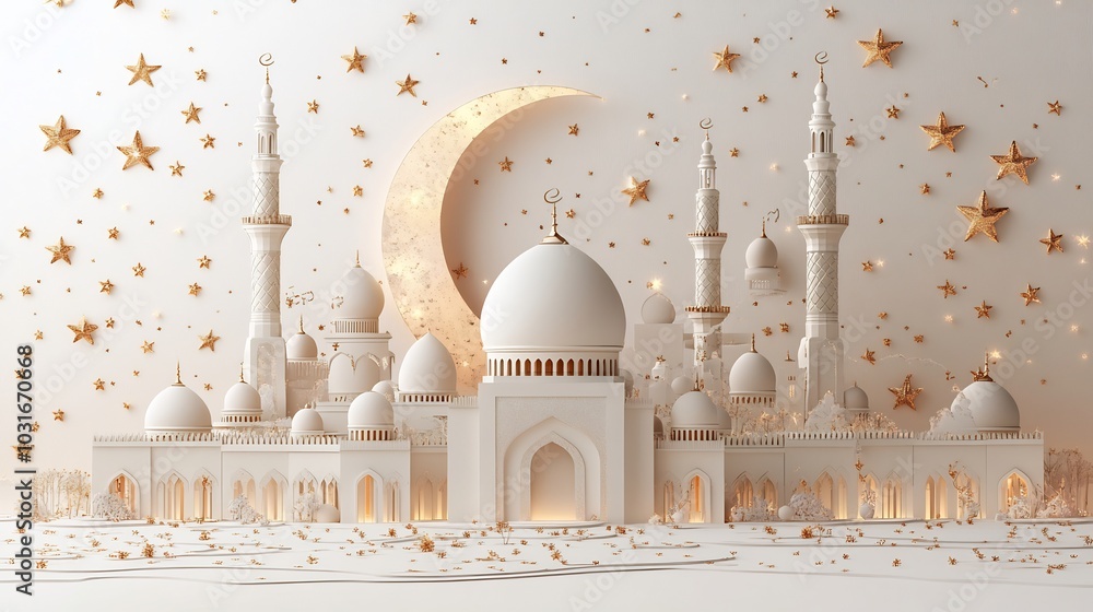 Poster modern ramadan kareem card featuring mosque and crescent moon in 3d style surrounded by stars and ca