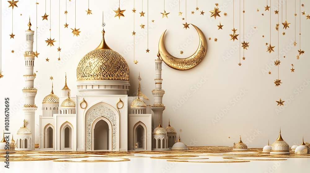 Poster modern ramadan kareem card featuring mosque and crescent moon in 3d style surrounded by stars and ca