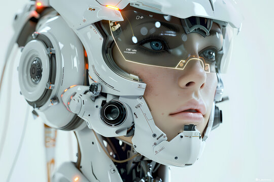 A futuristic female android with a sleek design, showcasing intricate details of technology and human-like features.