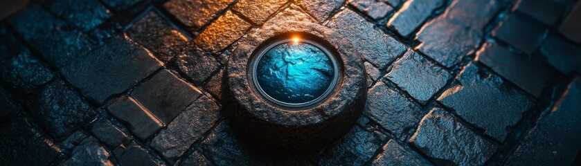 A luminous blue logo, top-down view, deeply carved in a dark stone pedestal, glowing in the soft light of a moody urban nightscape, artistic focus