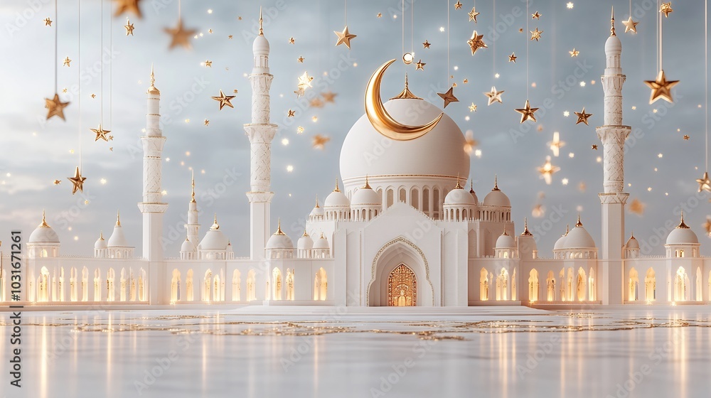 Poster modern ramadan kareem card featuring mosque and crescent moon in 3d style surrounded by stars and ca