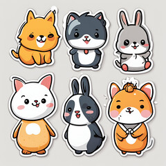 Fototapeta premium A cute sticker set of adorable animals, including cats, rabbits, and hamsters, in a kawaii style. Perfect for children’s designs, stickers, and playful illustrations.