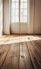 52. An empty wooden floor with natural light streaming in