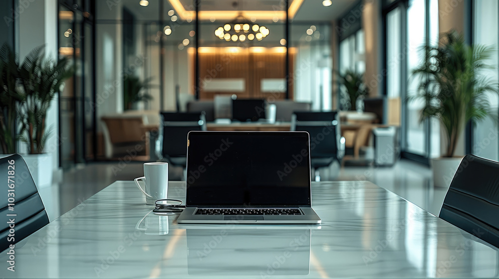 Poster a modern office with a laptop on it, and the laptop is the center of attention and open with a black