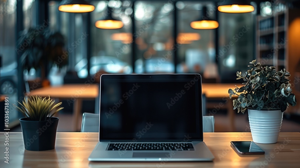 Poster a modern office with a laptop on it, and the laptop is the center of attention and open with a black