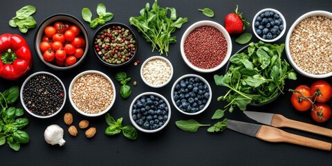 Top view of fresh fruits, vegetables, grains, and herbs on black background