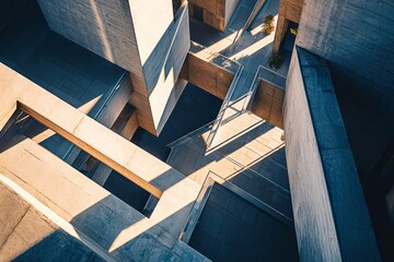 A top-down view of geometric architecture with sharp lines, casting bold shadows in the midday sun.