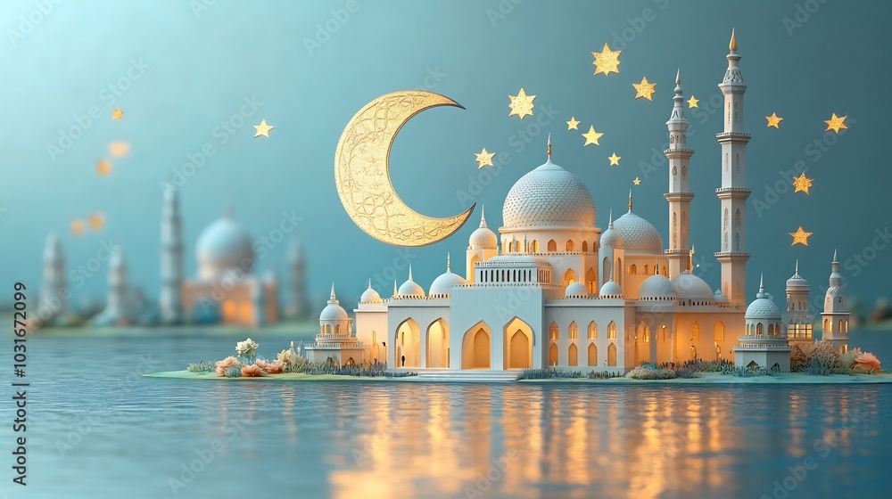 Poster modern ramadan kareem card a 3d composition of moon stars and mosque offering ample space for text o