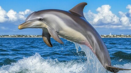 Fototapeta premium A dolphin leaps out of the water, creating a splash and showcasing its sleek, gray body. The ocean behind it is a vibrant blue, with white clouds in the sky.