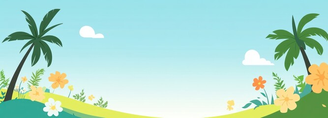 Two Palm Trees with Flowers and Blue Sky