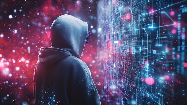 Virtual reality, cyberspace and metaverse concept with back view on human in hoody looking at virtual wall with abstract digital interface on neon lights background