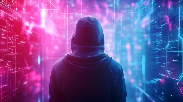 Virtual reality, cyberspace and metaverse concept with back view on human in hoody looking at virtual wall with abstract digital interface on neon lights background