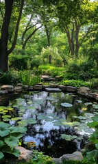 53. A serene pond surrounded by lush greenery