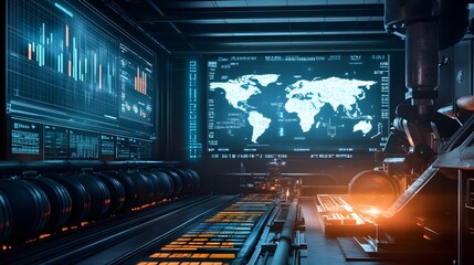 Oil pumping machinery in operation with barrels and digital screen with world map and financial chart graphs and indicators, natural resources stock market concept