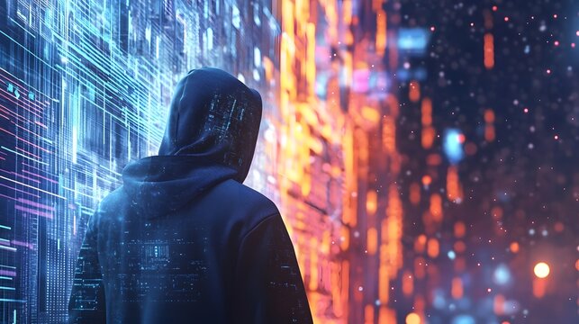 Virtual reality, cyberspace and metaverse concept with back view on human in hoody looking at virtual wall with abstract digital interface on neon lights background