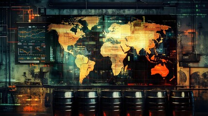 Oil pumping machinery in operation with barrels and digital screen with world map and financial chart graphs and indicators, natural resources stock market concept