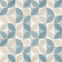 Geometric seamless texture with circular patterns in soft blue, beige, and white tones, creating a minimalist, modern, and abstract design