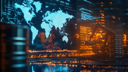 Oil pumping machinery in operation with barrels and digital screen with world map and financial chart graphs and indicators, natural resources stock market concept