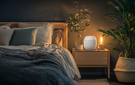 A bedroom with a noise machine on the nightstand, creating a soothing soundscape for deep, uninterrupted sleep.