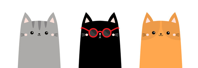 Black gray orange cat set. Funny kitten head face. Cute cartoon kawaii baby character. Pink ears. Red glasses. Pet animal. Happy Valentines day love card. Sticker. Flat design. White background Vector