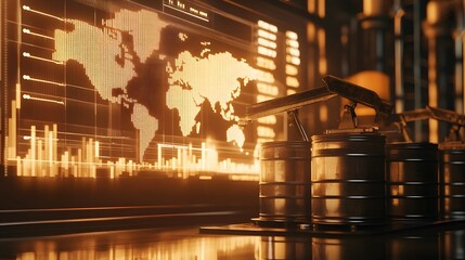 Oil pumping machinery in operation with barrels and digital screen with world map and financial chart graphs and indicators, natural resources stock market concept
