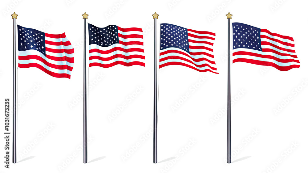 Aufkleber set of american flags waving in the wind on a transparent background generative ai