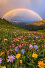 A vibrant rainbow arcing over a field of wildflowers after a summer rain. 
