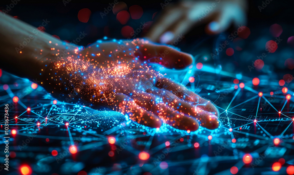 Poster female hands interacting with digital brain network connections in futuristic setting illustrating n