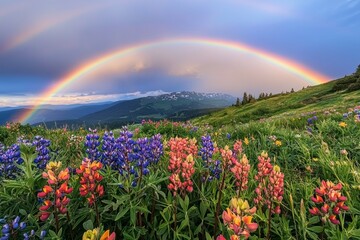 A vibrant rainbow arcing over a field of wildflowers after a summer rain. 