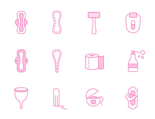 Personal hygiene items. Vector illustration of feminine hygiene and care products. Sanitary pads, menstrual cups, razors, epilators, tampons, and dental floss. Ideal for educational materials